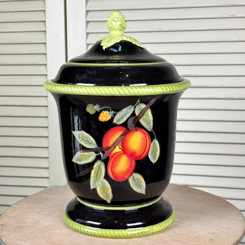 Certified International Black Hand Painted Peach Ceramic Canister April Cornell - Picture 1 of 6